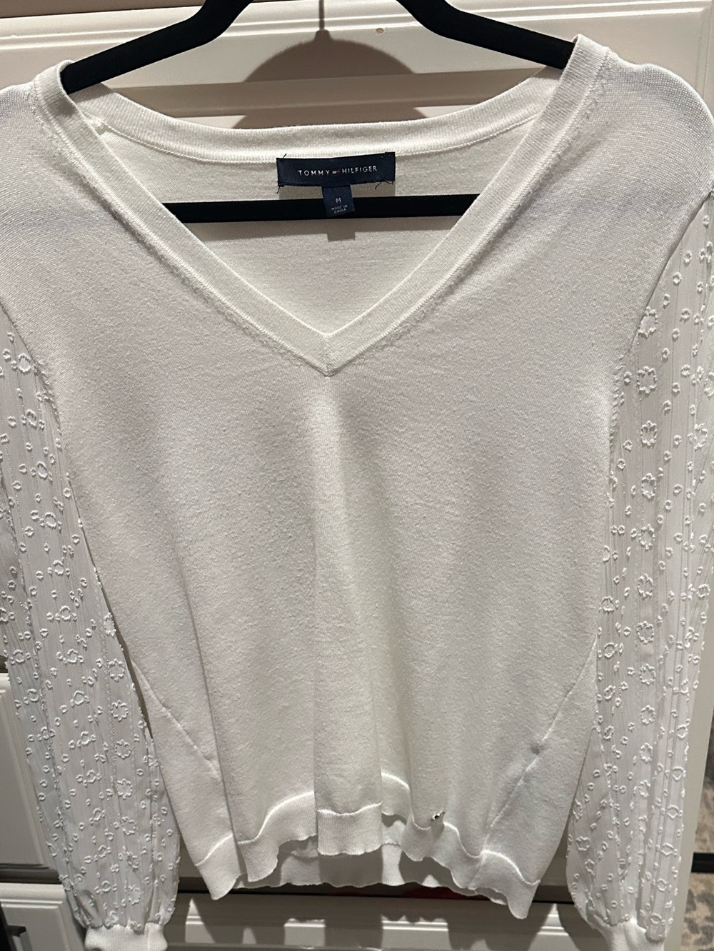 Tommy Hilfiger White V-Neck Sweater with Embroidered Sleeves